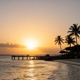 Caribbean Holidays, Barbados Instagram Hotspots, Golden sunset over the west coast of Barbados, with a wooden jetty, calm sea and silhouettes of palm trees