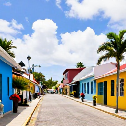 Caribbean Holidays, Barbados Instagram Hotspots, Historic Bridgetown street scene in Barbados with colourful buildings, tropical plants and lively local character