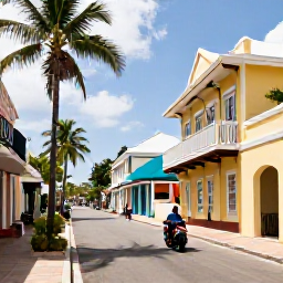 Caribbean Holidays, Barbados Instagram Hotspots, Historic Bridgetown street with pastel buildings, colonial architecture, palm trees and people enjoying a sunny June day