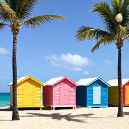 Caribbean Holidays, Barbados Instagram Hotspots, Iconic colourful beach huts and turquoise Caribbean sea at Miami Beach in Barbados, with palm trees and bright sunlight