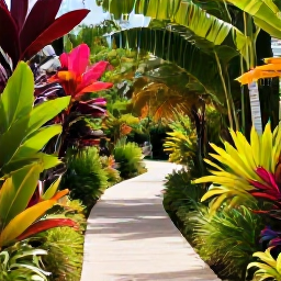 Caribbean Holidays, Barbados Instagram Hotspots, Lush tropical garden in Barbados with exotic leaves, colourful flowers and a peaceful walking path