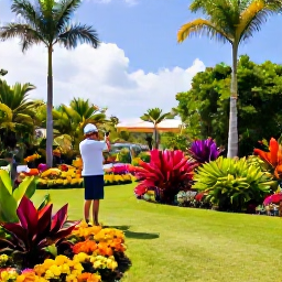 Caribbean Holidays, Barbados Instagram Hotspots, Lush tropical garden in Barbados with vivid flowers, tall palms and a visitor photographing colourful plants