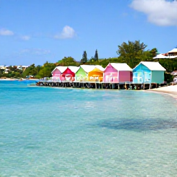 Caribbean Holidays, Barbados Instagram Hotspots, Pastel-coloured beach huts and umbrellas beside clear turquoise water at Carlisle Bay, Barbados, on a sunny day
