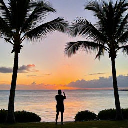 Caribbean Holidays, Barbados Instagram Spots, Barbados sunset viewpoint with a traveller photographing orange and pink skies over the Caribbean Sea, palm silhouettes and calm evening light