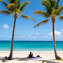 Caribbean Holidays, Barbados Instagram Spots, Bright Caribbean beach in Barbados during May, with turquoise water, pale sand, leaning palm trees and a relaxed traveller taking photographs