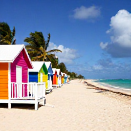 Caribbean Holidays, Barbados Instagram Spots, Colourful beach huts and turquoise sea at Miami Beach Barbados, relaxed travellers and palm trees, bright natural light, realistic travel photography