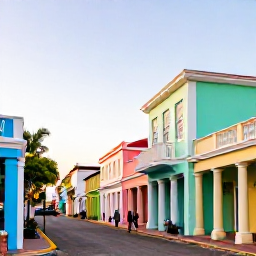 Caribbean Holidays, Barbados Instagram Spots, Colourful Bridgetown street scene in Barbados with pastel buildings, historic architecture and people enjoying the morning