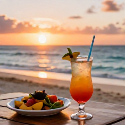 Caribbean Holidays, Barbados Instagram Spots, Colourful rum punch and fresh Caribbean food on a wooden table at a Barbados beach bar, with a sunset over the sea