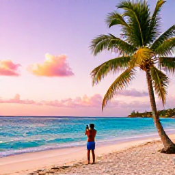 Caribbean Holidays, Barbados Instagram Spots, Colourful west coast beach in Barbados at sunset, turquoise sea, palm trees and a relaxed traveller taking a photograph