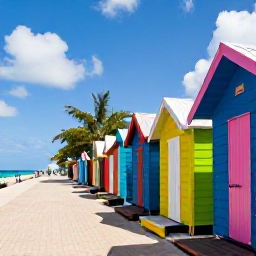 Caribbean Holidays, Barbados Instagram Spots, Colourful wooden beach huts and a lively boardwalk beside the sea at Miami Beach, Barbados, on a sunny August day
