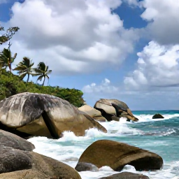 Caribbean Holidays, Barbados Instagram Spots, Dramatic Bathsheba coastline in Barbados with smooth boulders, Atlantic waves, palms and cloudy tropical sky, realistic travel photography