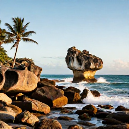 Caribbean Holidays, Barbados Instagram Spots, Dramatic Bathsheba coastline on Barbados&rsquo;s east coast, with the Mushroom Rock in the sea, rugged rocks, palms and soft golden February light
