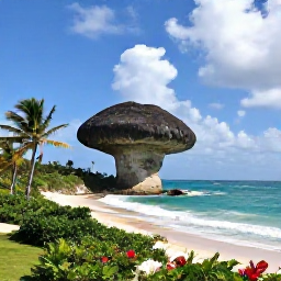 Caribbean Holidays, Barbados Instagram Spots, Dramatic east coast view from Bathsheba, Barbados, showing the Mushroom Rock formation, palm trees and Atlantic waves beneath a bright sky