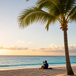 Caribbean Holidays, Barbados Instagram Spots, Golden hour at a palm-fringed Barbados beach in December, with turquoise sea, soft sunlight and a relaxed traveller taking photographs