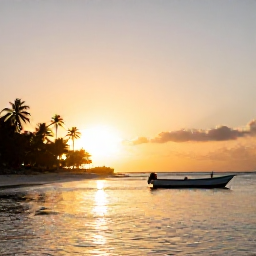 Caribbean Holidays, Barbados Instagram Spots, Golden sunrise over Carlisle Bay in Barbados, calm turquoise water, palm trees and a small fishing boat