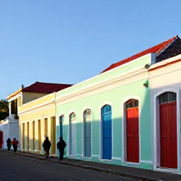 Caribbean Holidays, Barbados Instagram Spots, Historic Bridgetown street in Barbados with pastel buildings, colonial architecture, colourful doors and pedestrians exploring in warm afternoon light