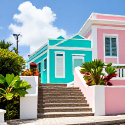 Caribbean Holidays, Barbados Instagram Spots, Historic pastel buildings, stone steps and tropical plants in Bridgetown, Barbados, photographed during a bright August morning