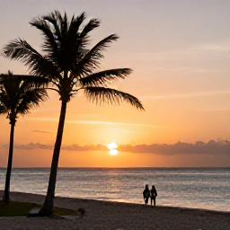 Caribbean Holidays, Barbados Instagram Spots, Sunset over a Barbados beach in February, with silhouettes of palm trees, calm sea, warm orange sky and a relaxed couple walking along the shore