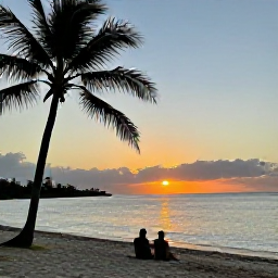 Caribbean Holidays, Barbados Island Hopping, A couple relaxing on a quiet Caribbean beach at sunset, with soft golden light, palm silhouettes and calm sea