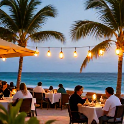 Caribbean Holidays, Barbados Island Hopping, A relaxed Barbados evening with diners at a beachfront restaurant, warm lantern light, palm trees and the sea beyond
