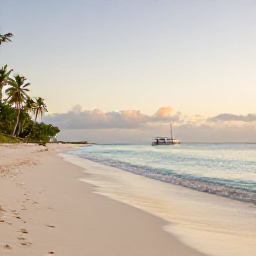 Caribbean Holidays, Barbados Island Hopping, A warm December morning on a Barbados beach with calm turquoise water, pale sand, palm trees and a small island-hopping boat