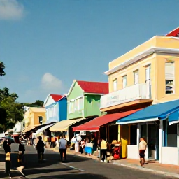 Caribbean Holidays, Barbados Island Hopping, Colourful Bridgetown street scene in Barbados with historic buildings, local shops, a market and visitors exploring in warm sunshine