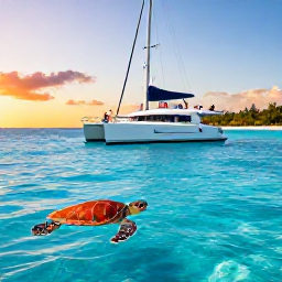 Caribbean Holidays, Barbados Island Hopping, Travellers on a catamaran cruise near Barbados, with a sea turtle in clear blue water and a sunset coastline in the background