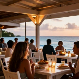 Caribbean Holidays, Barbados January Adventures, Friendly evening scene at a Barbados seaside restaurant, local food on tables, warm sunset light and relaxed holiday atmosphere