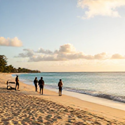 Caribbean Holidays, Barbados January Adventures, Golden sandy beach in Barbados at sunrise, calm turquoise sea, a few adventurous travellers preparing for a day outdoors