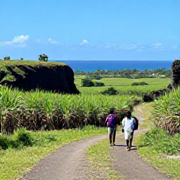 Caribbean Holidays, Barbados January Adventures, Hikers walking through green Barbados countryside with sugar cane fields, a tropical gully and distant sea views