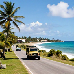 Caribbean Holidays, Barbados January Adventures, Jeep safari travelling along a scenic Barbados road beside the coast, with palm trees and local villages