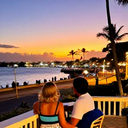 Caribbean Holidays, Barbados January Breaks, Couple enjoying a relaxed evening in Bridgetown, Barbados, with sunset colours, harbour lights and palm-lined streets