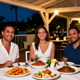 Caribbean Holidays, Barbados January Breaks, Outdoor table at a Barbados restaurant in the evening, serving fresh seafood and local dishes, with warm lights and a friendly atmosphere