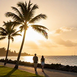 Caribbean Holidays, Barbados January Breaks, Relaxed couple walking beside the sea in Bridgetown, Barbados, at sunset, with palm trees and a warm golden sky