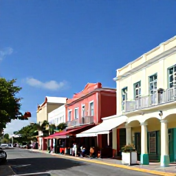 Caribbean Holidays, Barbados January, Colourful Bridgetown street scene in Barbados with historic buildings, local shops, caf&eacute;s and visitors exploring in January sunshine