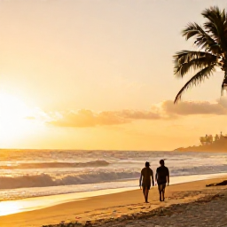 Caribbean Holidays, Barbados January, Couple walking along a golden Barbados beach at sunset in January, with gentle waves, palm silhouettes and warm evening light