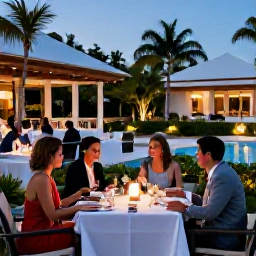 Caribbean Holidays, Barbados January, Elegant adults-only Barbados resort restaurant at evening, with outdoor tables, soft lighting, tropical gardens and guests enjoying dinner