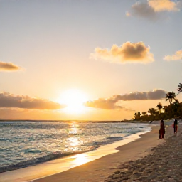 Caribbean Holidays, Barbados January Holidays, A Barbados beach at sunset in January, with calm turquoise water, golden sand and visitors enjoying the evening