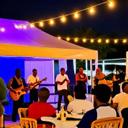 Caribbean Holidays, Barbados January Holidays, A lively Barbados evening with local musicians, colourful lights, outdoor dining and visitors enjoying Bajan culture