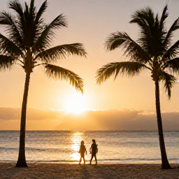 Caribbean Holidays, Barbados January Holidays, Barbados beach at sunset in January, with warm golden light, palm silhouettes and a couple walking beside the calm sea