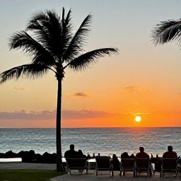 Caribbean Holidays, Barbados January Holidays, Barbados sunset viewed from a beachfront resort, with palm silhouettes, warm evening light and guests enjoying drinks beside the sea