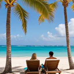 Caribbean Holidays, Barbados January Holidays, Couple relaxing on a Barbados beach in January, turquoise sea, shaded palm trees and comfortable sun loungers