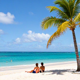 Caribbean Holidays, Barbados January Holidays, Couple relaxing on a quiet white-sand beach in Barbados in January, turquoise sea, palm trees, bright Caribbean sunshine