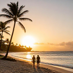 Caribbean Holidays, Barbados January Holidays, Couple walking along a peaceful Barbados beach at sunset, with palm silhouettes, warm light and calm Caribbean waves
