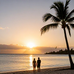 Caribbean Holidays, Barbados January Holidays, Couple watching a vivid sunset from a Barbados beach, calm sea, silhouettes of palm trees and warm evening light