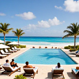 Caribbean Holidays, Barbados January Holidays, Elegant Barbados all-inclusive resort beside a tropical beach, with swimming pool, sun loungers and guests enjoying a relaxed January afternoon