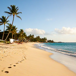 Caribbean Holidays, Barbados January Holidays, Golden sandy beach on Barbados in January, calm turquoise sea, palm trees, bright morning sunshine, relaxed holiday atmosphere