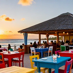 Caribbean Holidays, Barbados January Holidays, Outdoor Bajan restaurant near the beach at sunset, fresh seafood, colourful tables and relaxed diners in Barbados