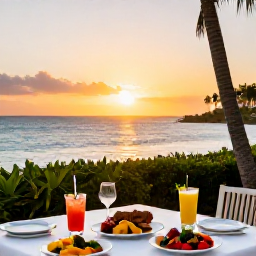 Caribbean Holidays, Barbados January Holidays, Outdoor evening dining in Barbados, with local Caribbean food, colourful drinks and a relaxed waterfront setting at sunset