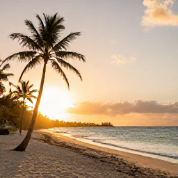 Caribbean Holidays, Barbados January Holidays, Quiet golden beach in Barbados at sunset, with palm trees, calm turquoise sea and a few distant visitors